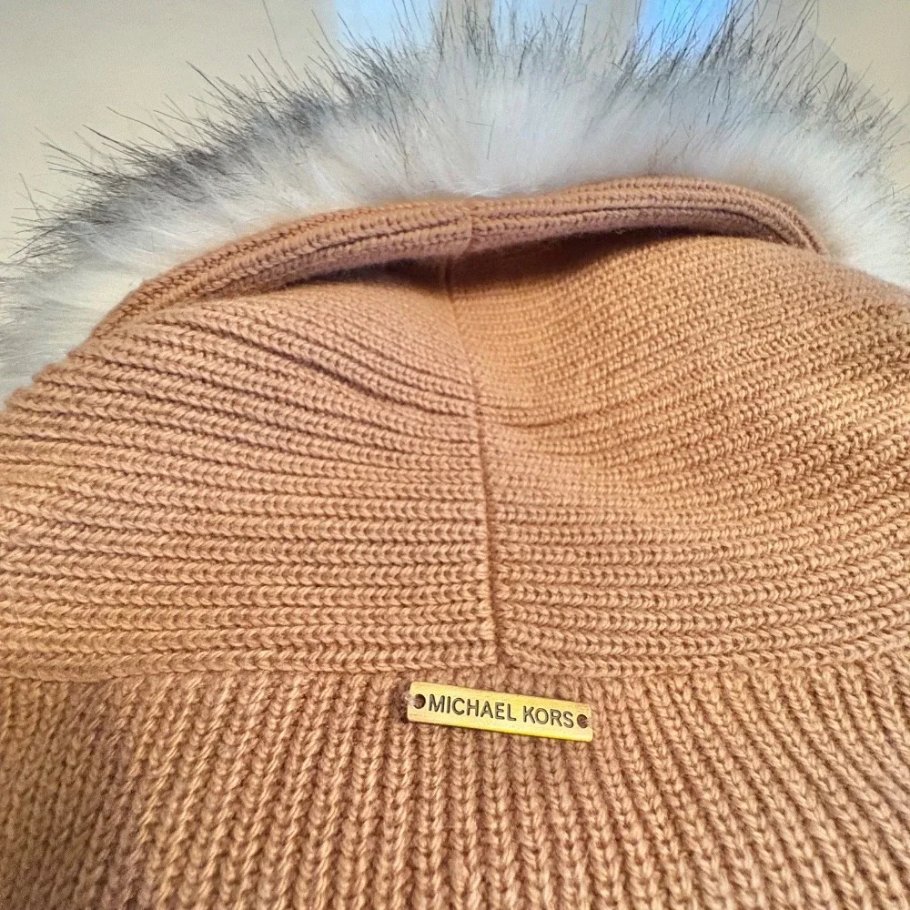 Michael Kors Camel Wrap Cardigan with Faux-Fur Shawl Collar